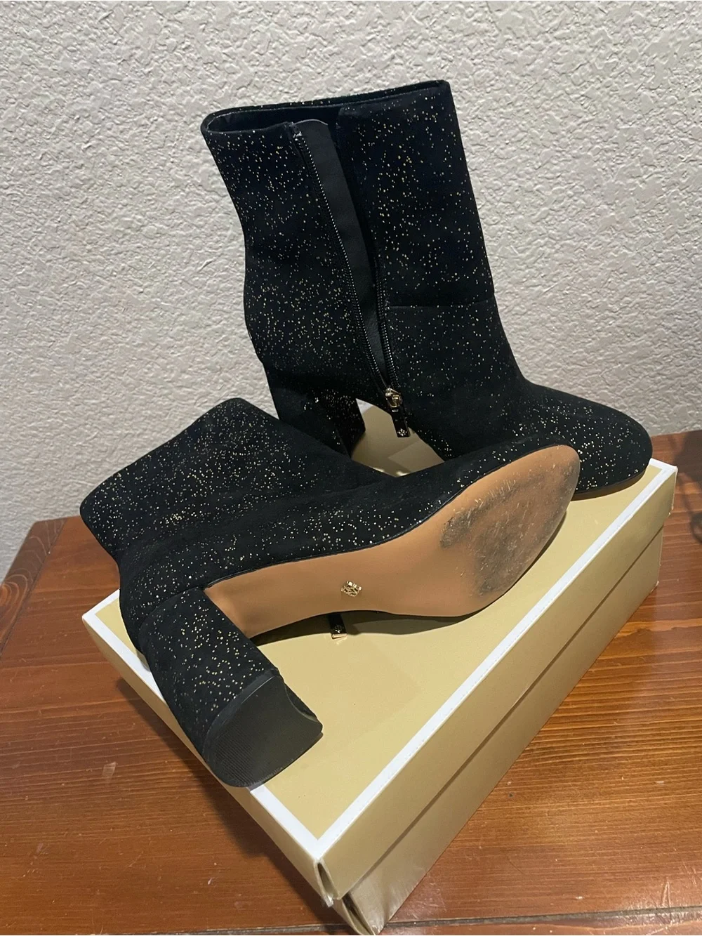 Nanette Baby Black Suede Ankle Boots with Gold Sparkle